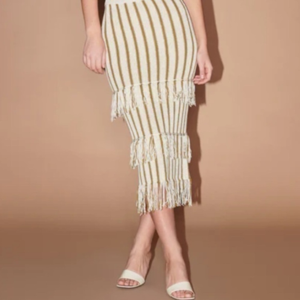 New with Tags Saylor Emilee Striped Fringe Midi Skirt - Cream and Brown